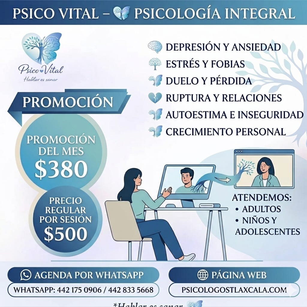 Promoción del mes - Sesión de terapia psicológica a $380 MXN (precio regular $500). Tratamos depresión, ansiedad, estrés, duelo, relaciones, autoestima y crecimiento personal. Atención para adultos, niños y adolescentes. Agenda por WhatsApp: 442 175 0906 / 442 833 5668